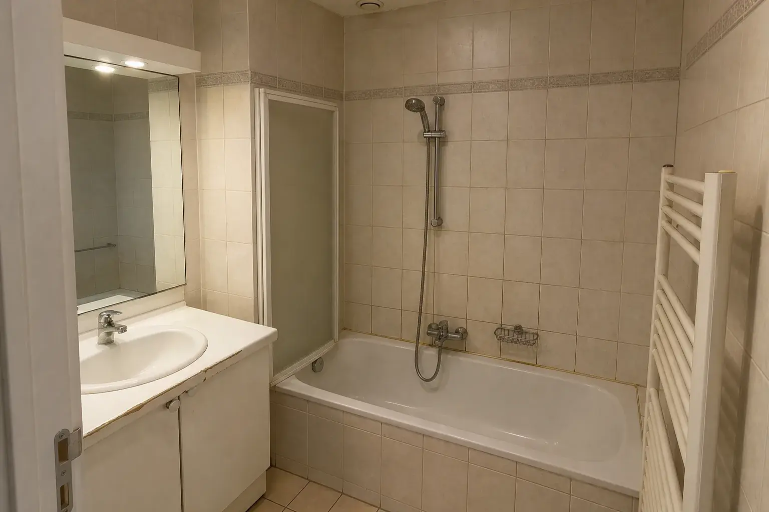 Dim bathroom with yellowed tiles and bath