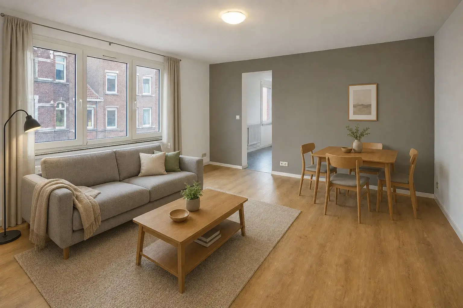 The same living room virtually furnished with a sofa, rug and dining table